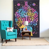 80" X 56" Black Pink And Yellow Elephant Mandala Cotton Hanging Tapestry