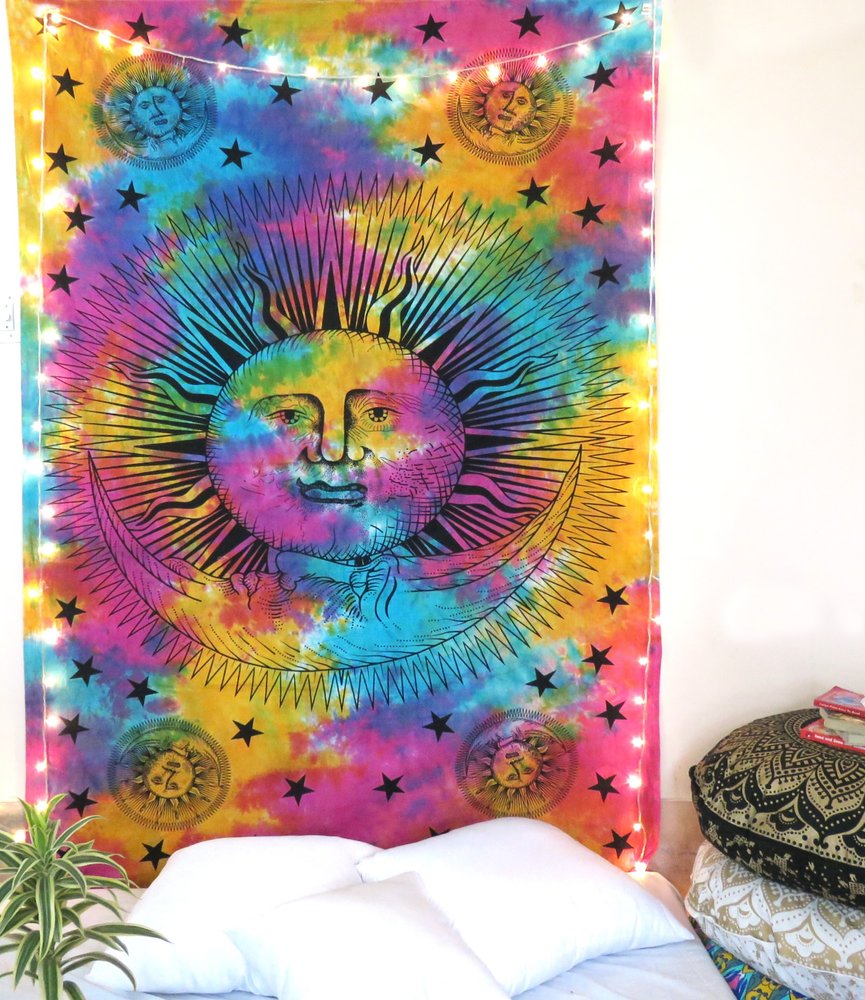 80" X 56" Blue Pink And Yellow Cotton Hanging Tapestry