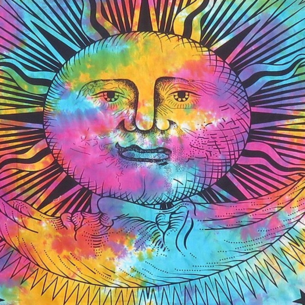 80" X 56" Blue Pink And Yellow Cotton Hanging Tapestry