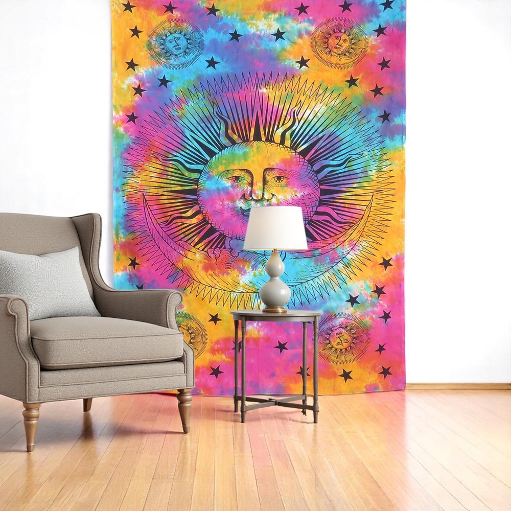 80" X 56" Blue Pink And Yellow Cotton Hanging Tapestry