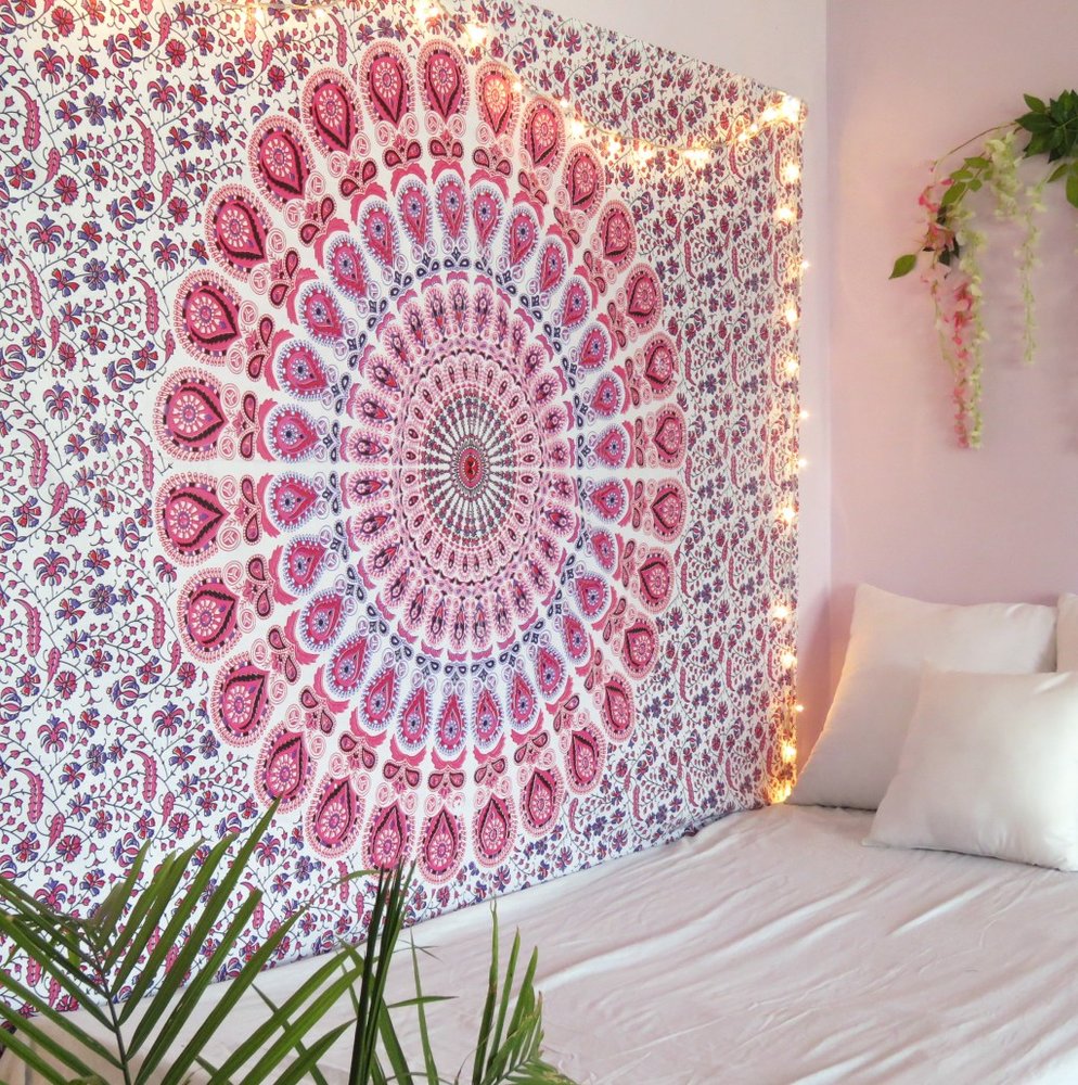 80" X 56" Pink And White Mandala Cotton Hanging Tapestry