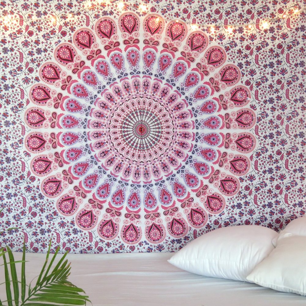80" X 56" Pink And White Mandala Cotton Hanging Tapestry