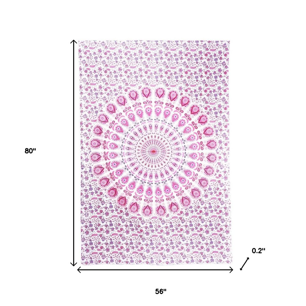 80" X 56" Pink And White Mandala Cotton Hanging Tapestry