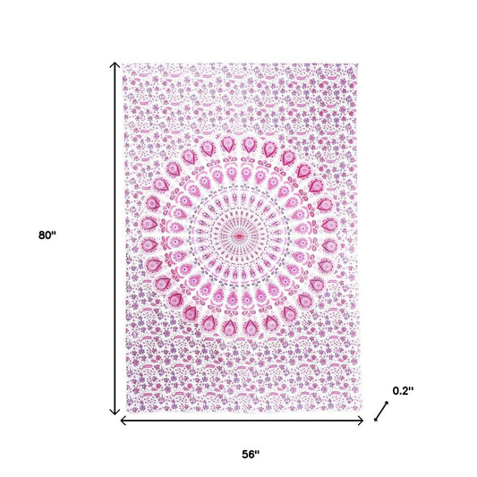 80" X 56" Pink And White Mandala Cotton Hanging Tapestry