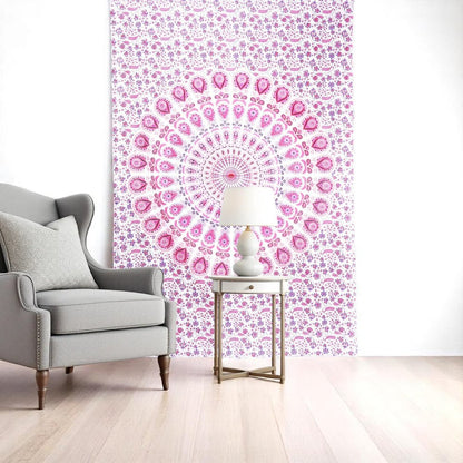 80" X 56" Pink And White Mandala Cotton Hanging Tapestry