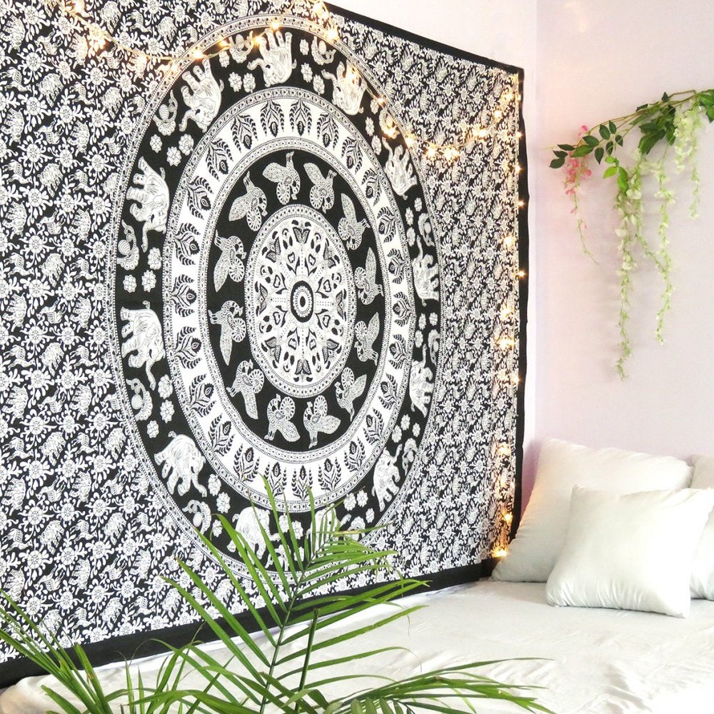 80" X 56" Black And White Mandala Cotton Hanging Tapestry