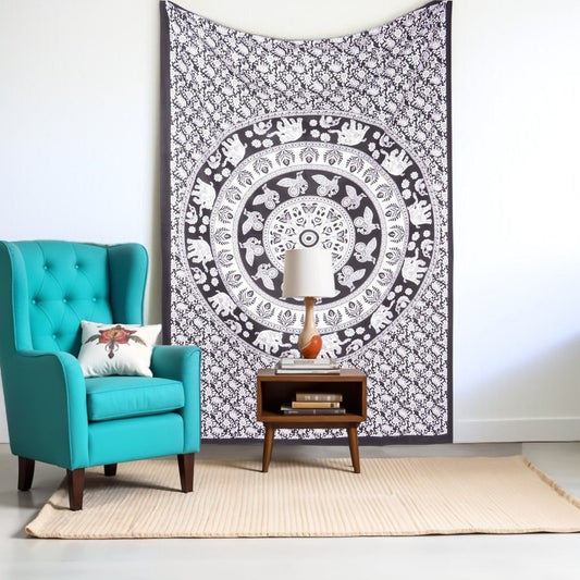 80" X 56" Black And White Mandala Cotton Hanging Tapestry