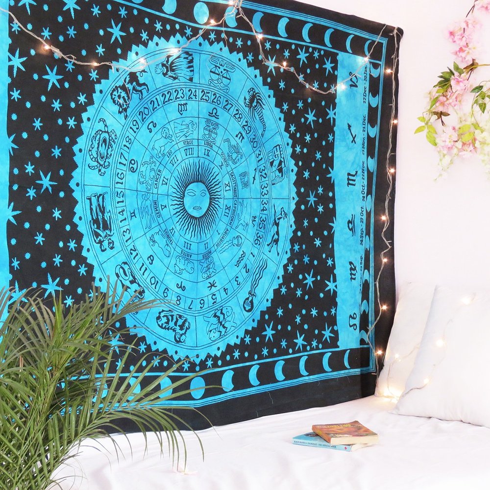 80" X 56" Black And Blue Cotton Hanging Tapestry