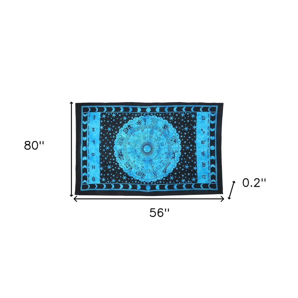 80" X 56" Black And Blue Cotton Hanging Tapestry