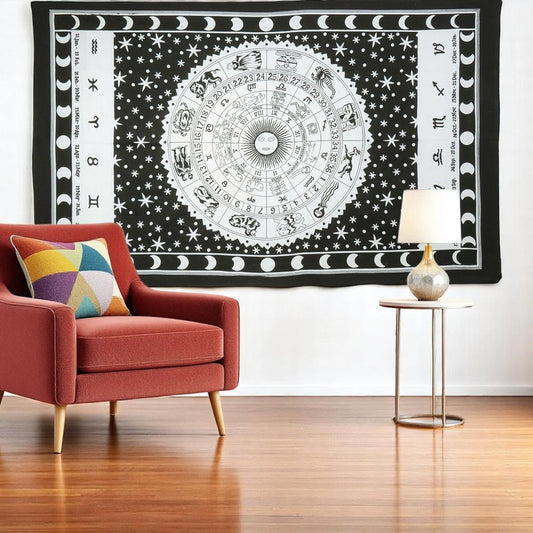 80" X 56" Black And White Cotton Hanging Tapestry