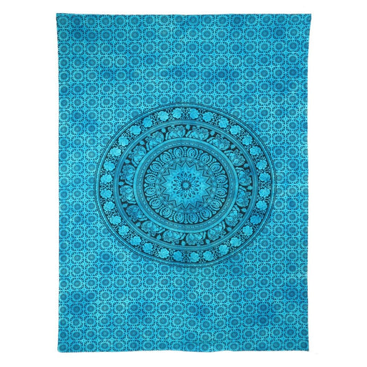 80" X 56" Turquoise And Black Mandala Cotton Hanging Tapestry