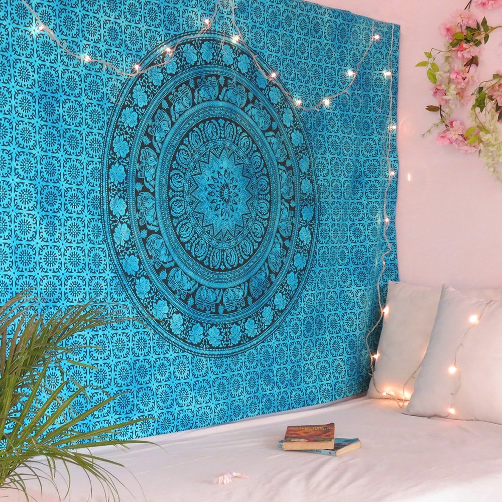 80" X 56" Turquoise And Black Mandala Cotton Hanging Tapestry