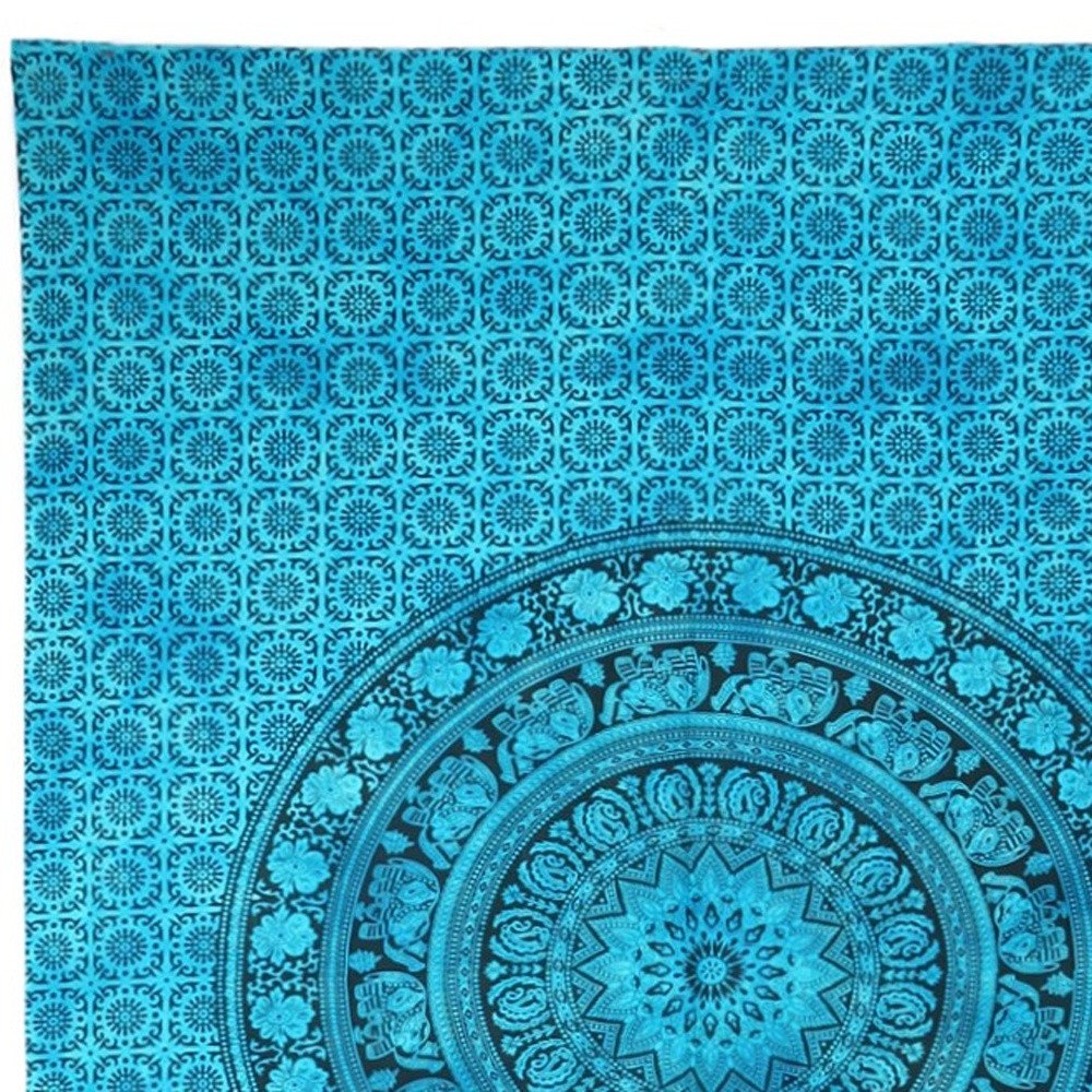 80" X 56" Turquoise And Black Mandala Cotton Hanging Tapestry
