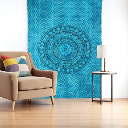 80" X 56" Turquoise And Black Mandala Cotton Hanging Tapestry