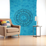 80" X 56" Turquoise And Black Mandala Cotton Hanging Tapestry
