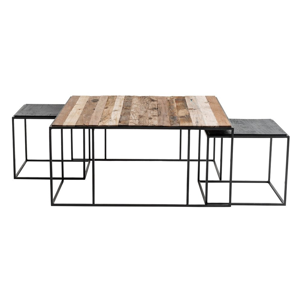 Set of Three 39" Brown And Black Solid Wood And Iron Square Nested Coffee Tables