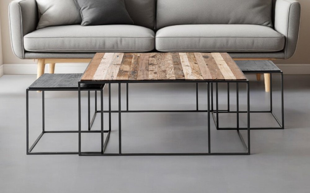 Set of Three 39" Brown And Black Solid Wood And Iron Square Nested Coffee Tables