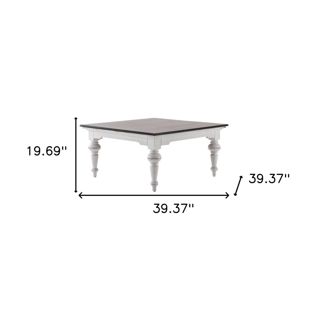 39" Brown and White Wood Square Distressed Coffee Table