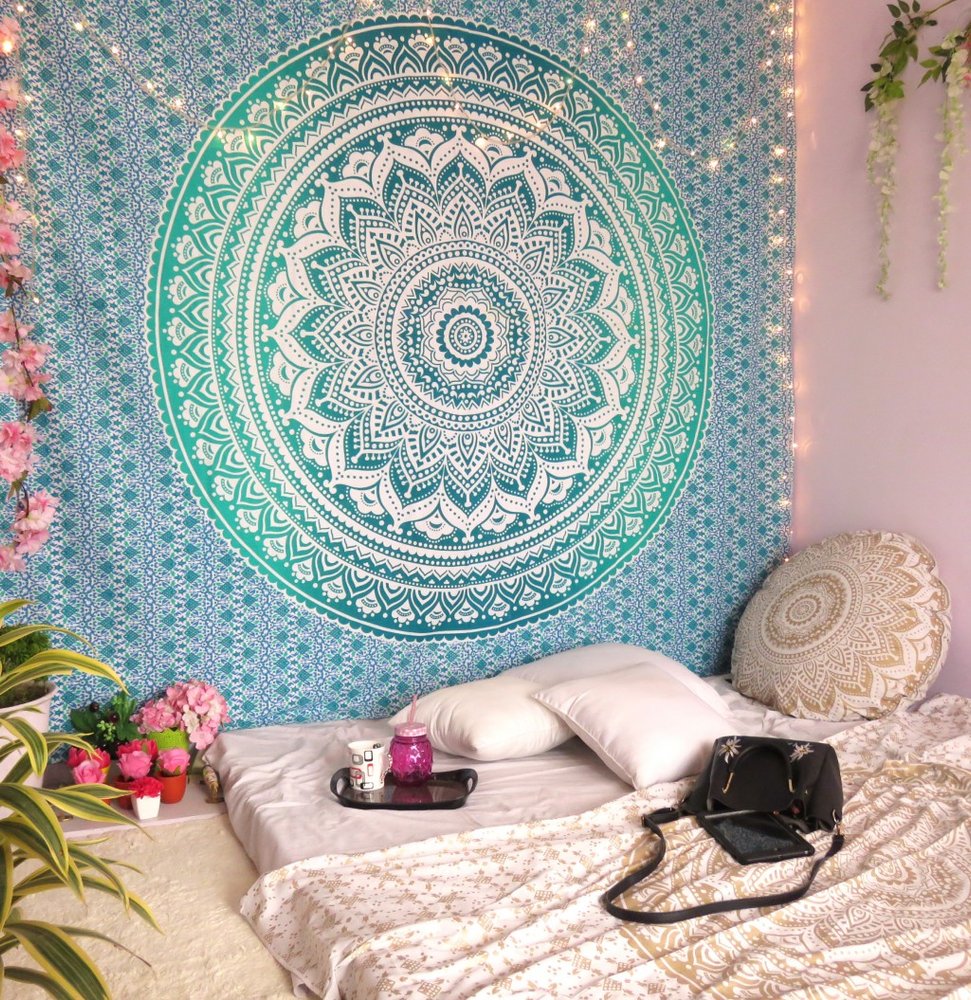92" X 84" Sea Green And White Mandala Cotton Hanging Tapestry