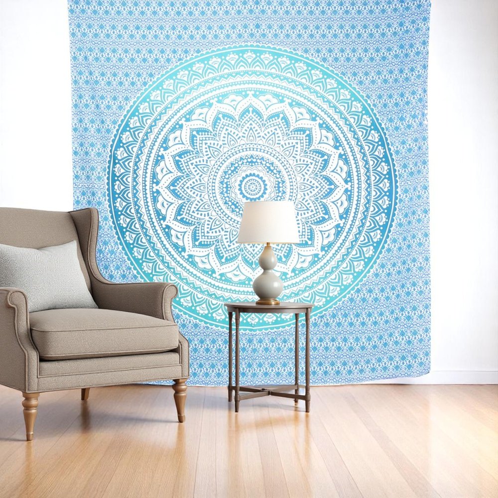 92" X 84" Sea Green And White Mandala Cotton Hanging Tapestry
