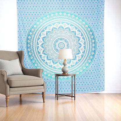 92" X 84" Sea Green And White Mandala Cotton Hanging Tapestry