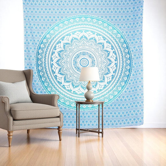 92" X 84" Sea Green And White Mandala Cotton Hanging Tapestry