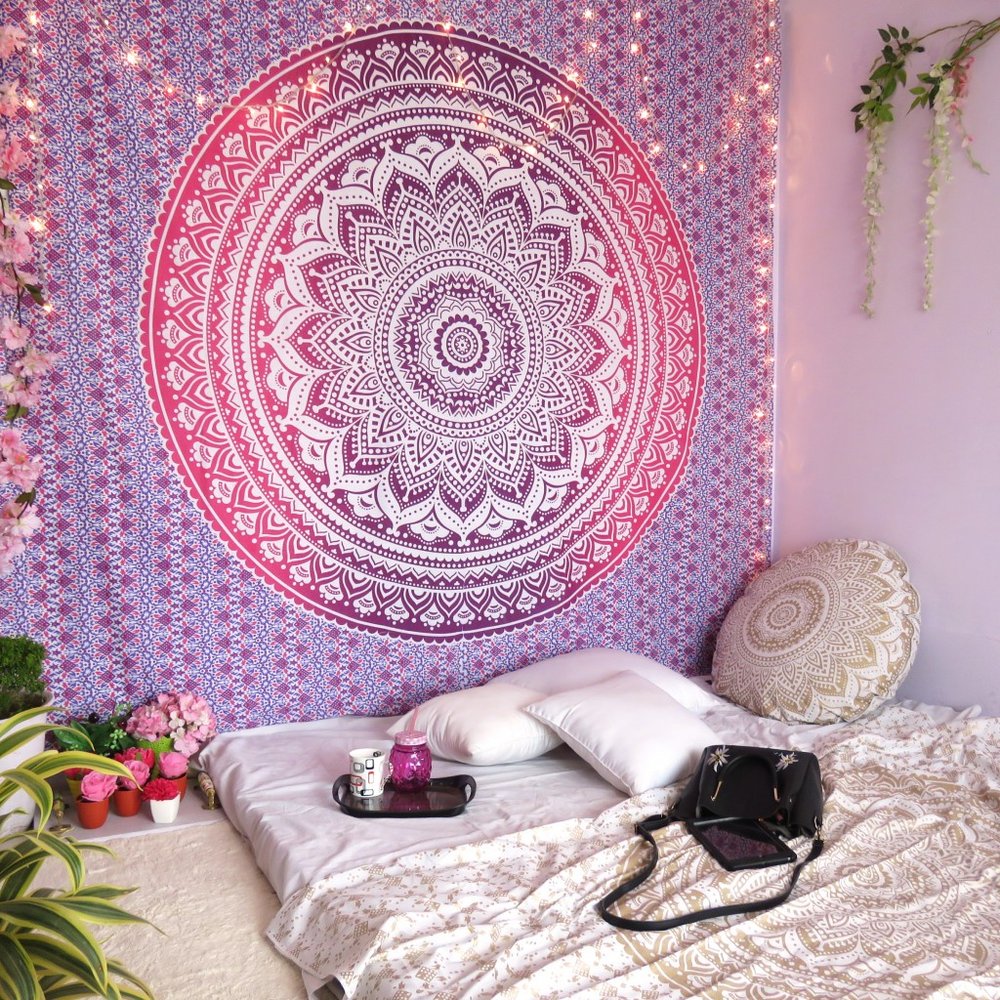 92" X 84" Pink And White Mandala Cotton Hanging Tapestry