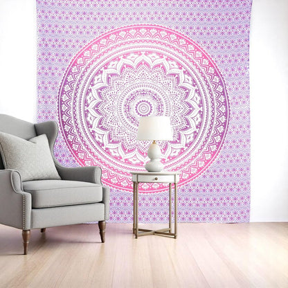92" X 84" Pink And White Mandala Cotton Hanging Tapestry