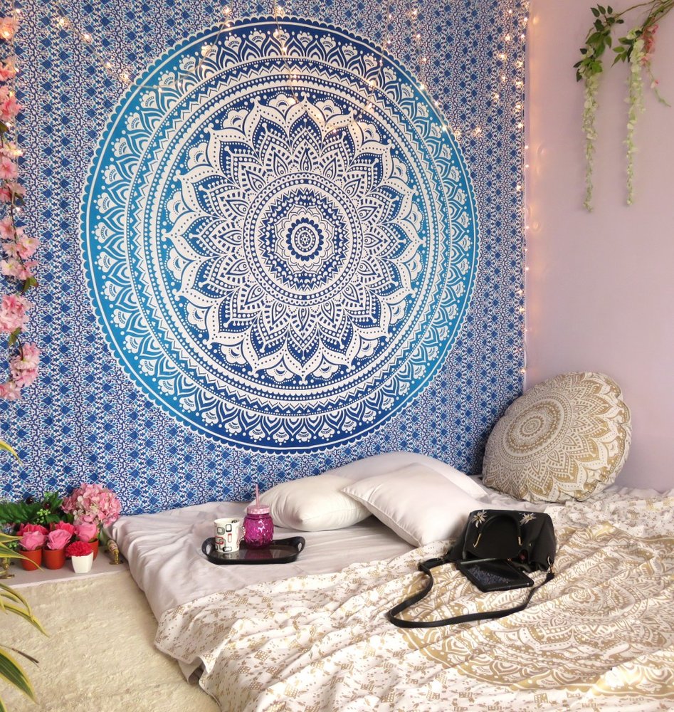 92" X 84" Blue And White Mandala Cotton Hanging Tapestry