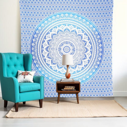 92" X 84" Blue And White Mandala Cotton Hanging Tapestry