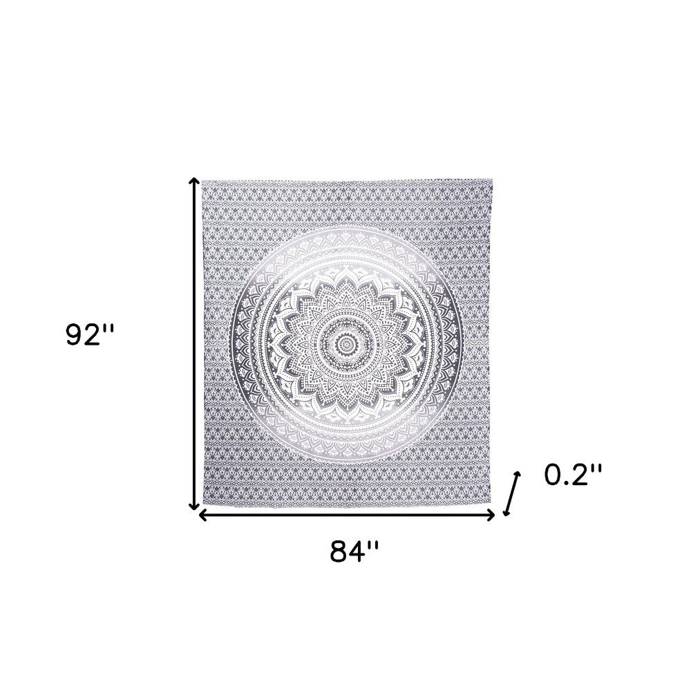 92" X 84" Gray And White Mandala Cotton Hanging Tapestry