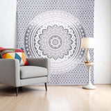 92" X 84" Gray And White Mandala Cotton Hanging Tapestry