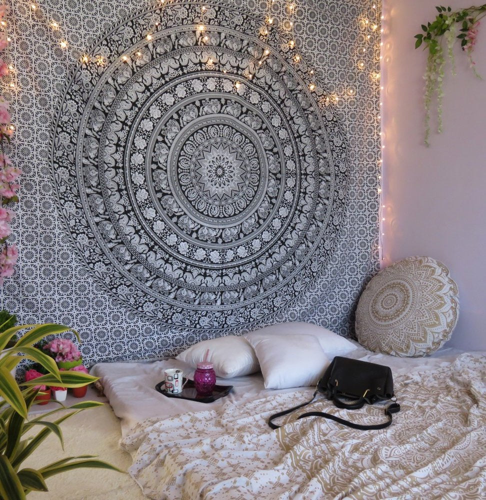 92" X 84" Black And White Mandala Cotton Hanging Tapestry