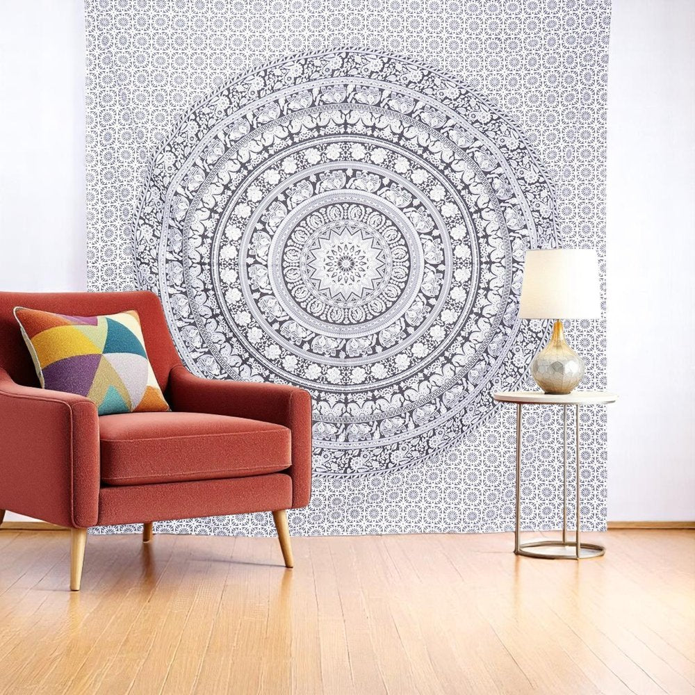 92" X 84" Black And White Mandala Cotton Hanging Tapestry