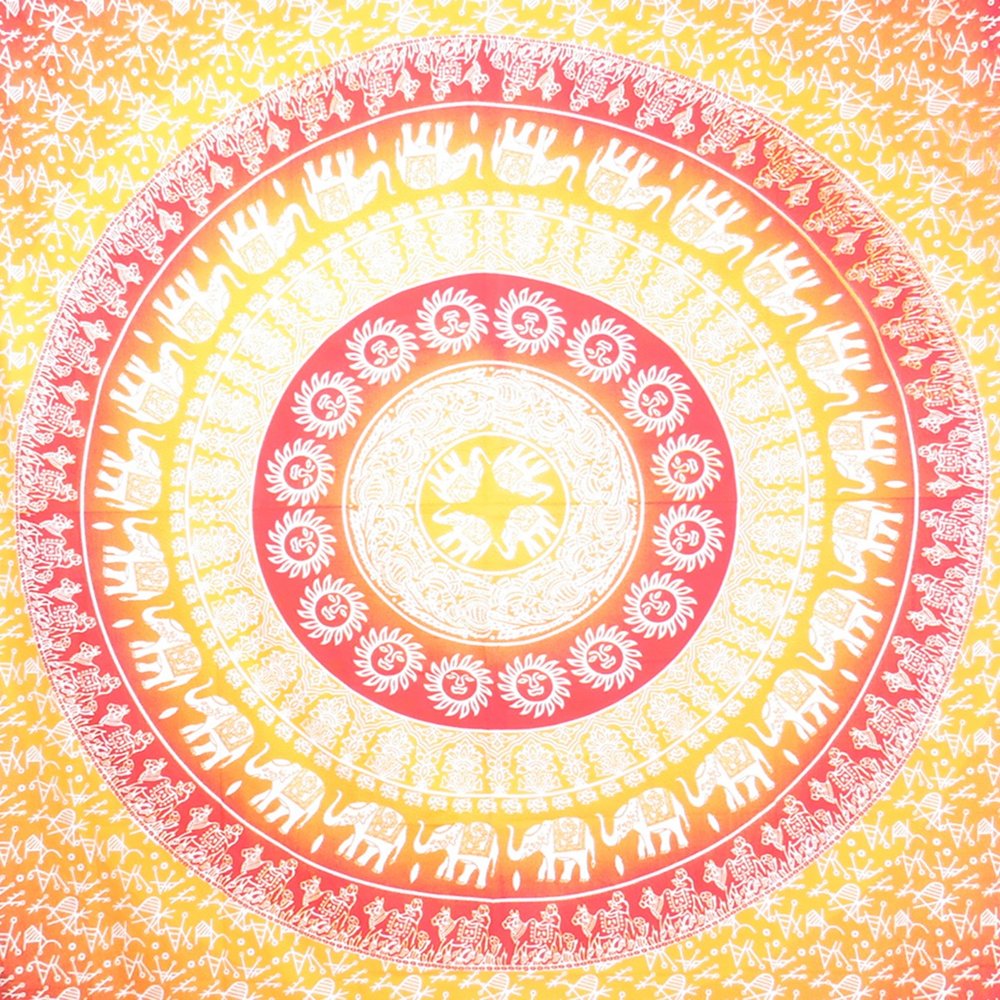 92" X 84" Mustard Red And White Mandala Cotton Hanging Tapestry
