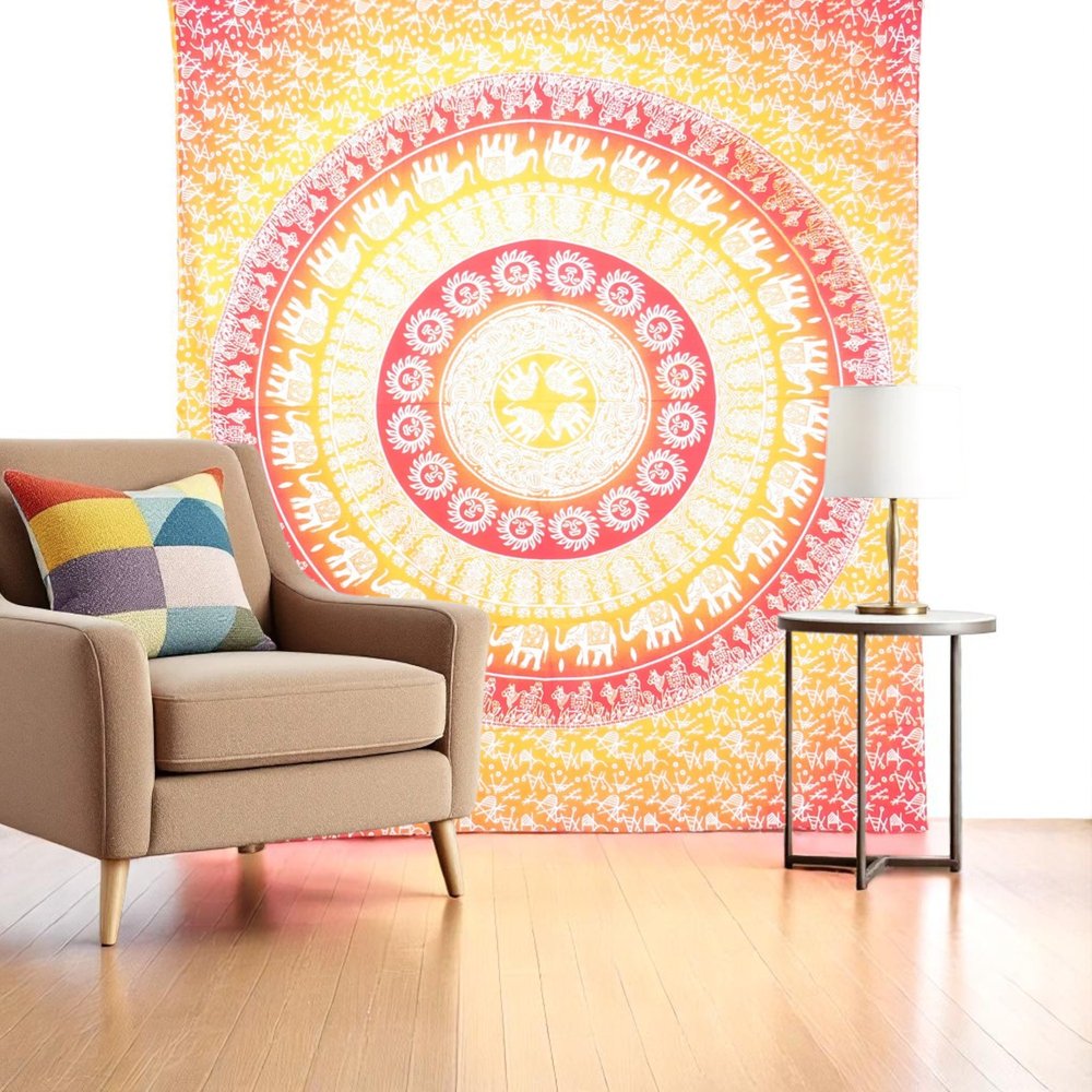 92" X 84" Mustard Red And White Mandala Cotton Hanging Tapestry