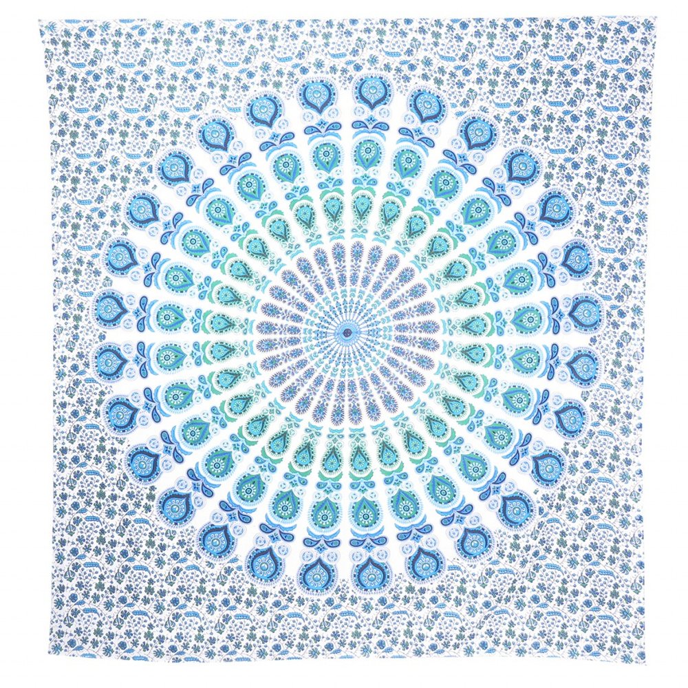 92" X 84" Blue Green And White Mandala Cotton Hanging Tapestry