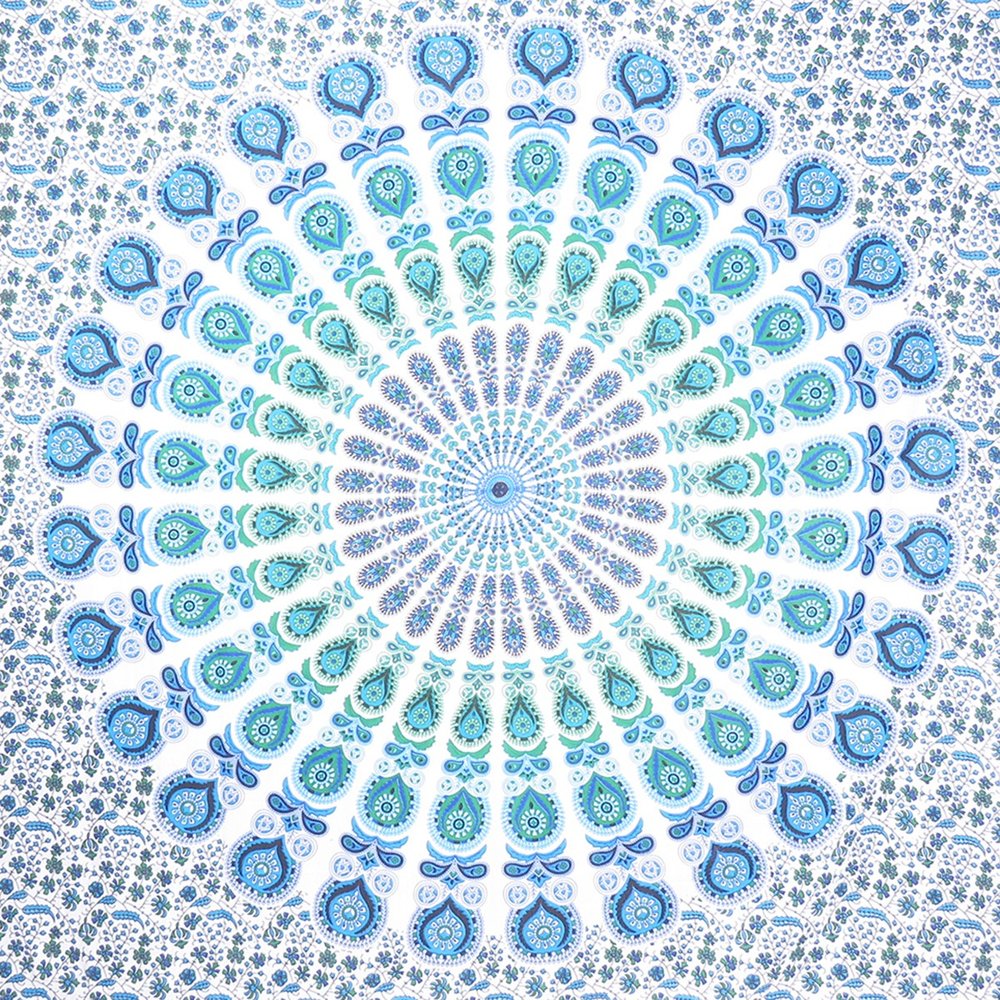 92" X 84" Blue Green And White Mandala Cotton Hanging Tapestry