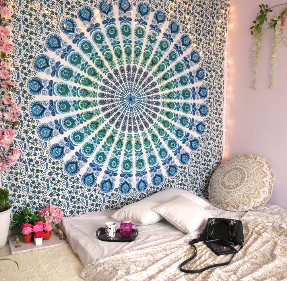 92" X 84" Blue Green And White Mandala Cotton Hanging Tapestry