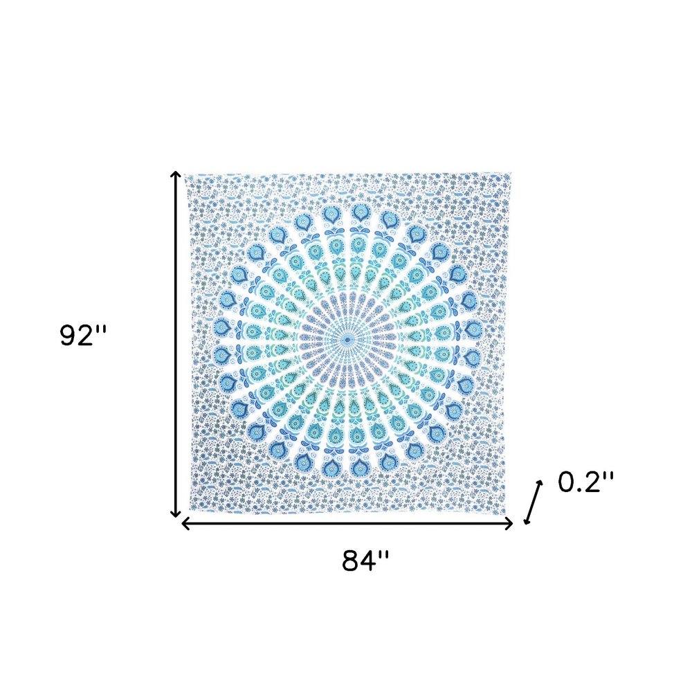 92" X 84" Blue Green And White Mandala Cotton Hanging Tapestry