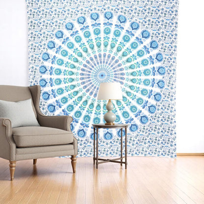 92" X 84" Blue Green And White Mandala Cotton Hanging Tapestry