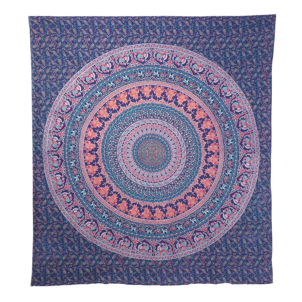 92" X 84" Green Blue And Orange Mandala Cotton Hanging Tapestry