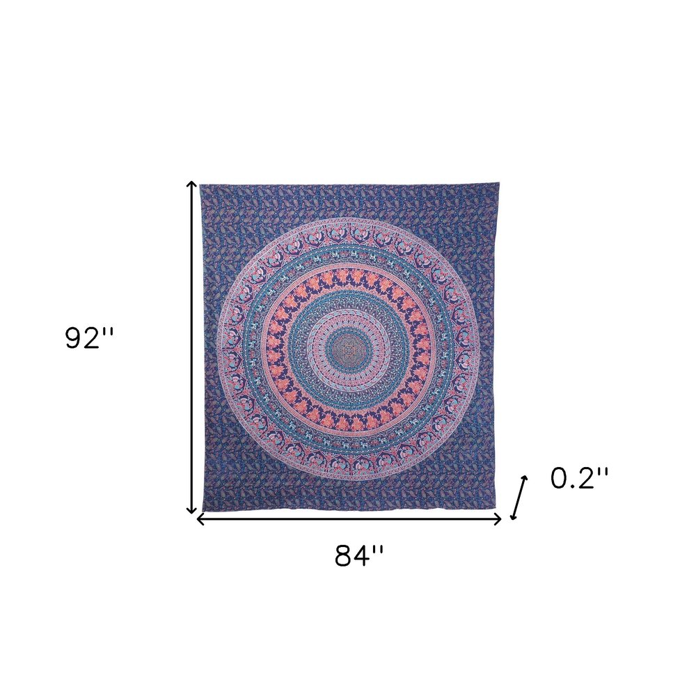 92" X 84" Green Blue And Orange Mandala Cotton Hanging Tapestry