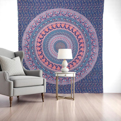 92" X 84" Green Blue And Orange Mandala Cotton Hanging Tapestry