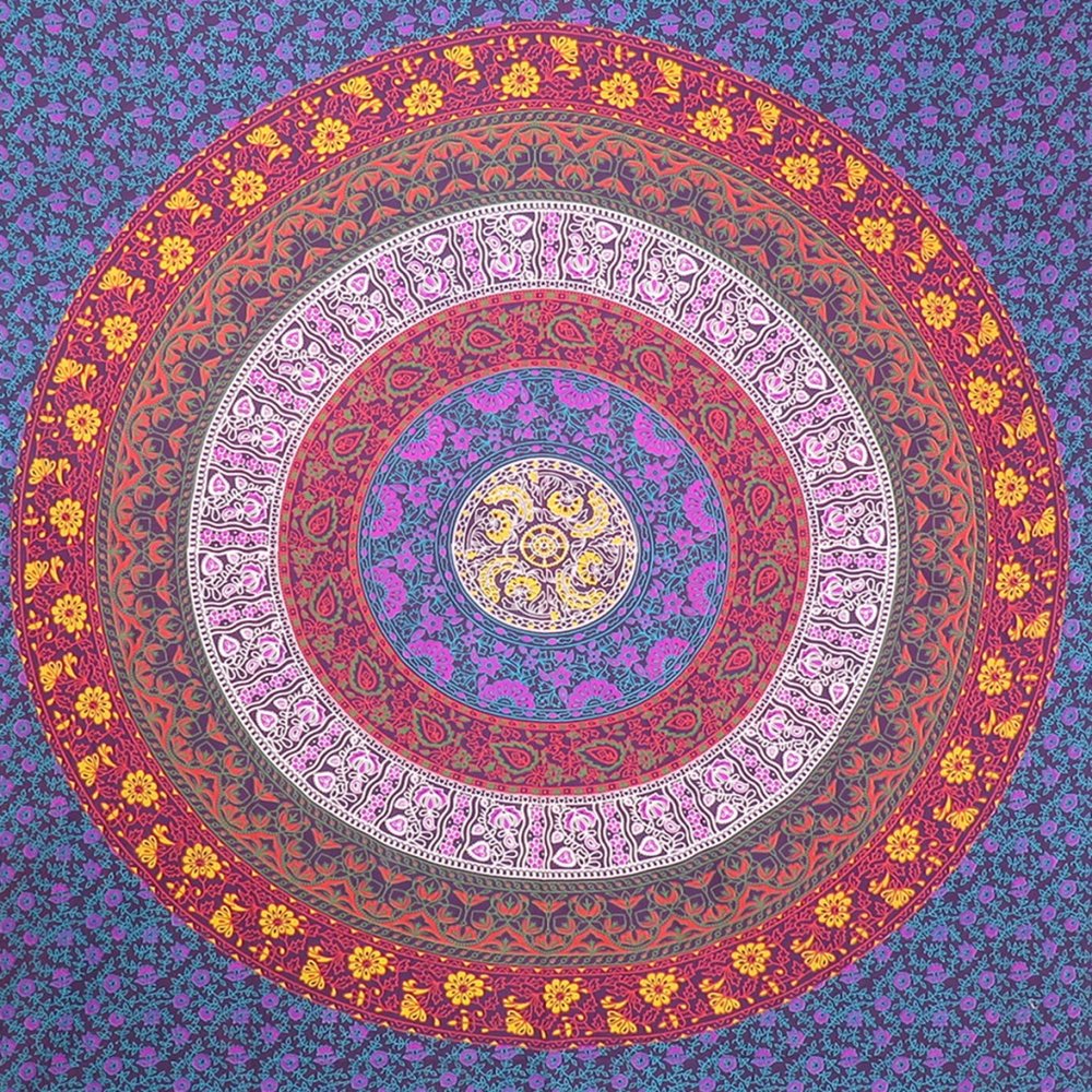 92" X 84" Blue Red And Yellow Mandala Cotton Hanging Tapestry