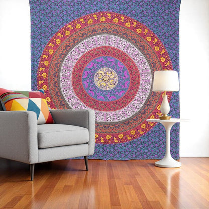 92" X 84" Blue Red And Yellow Mandala Cotton Hanging Tapestry