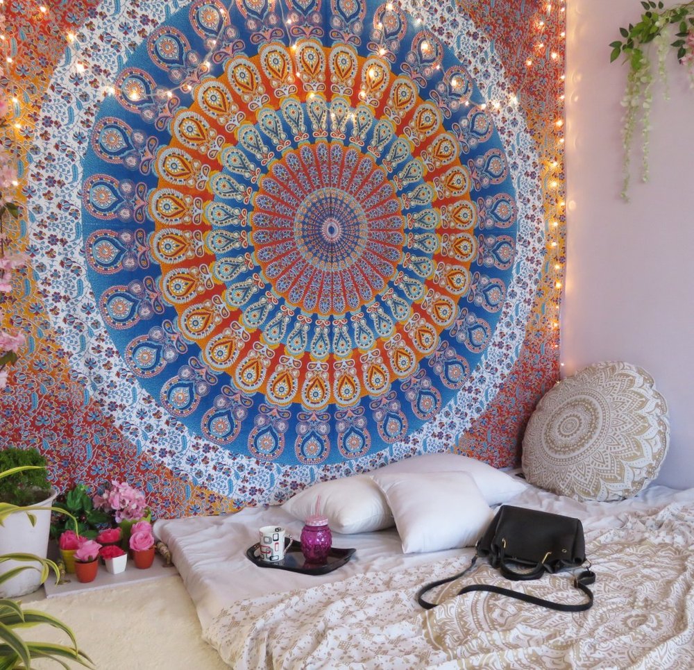 92" X 84" Orange Blue And Yellow Mandala Cotton Hanging Tapestry