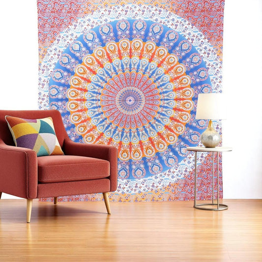 92" X 84" Orange Blue And Yellow Mandala Cotton Hanging Tapestry