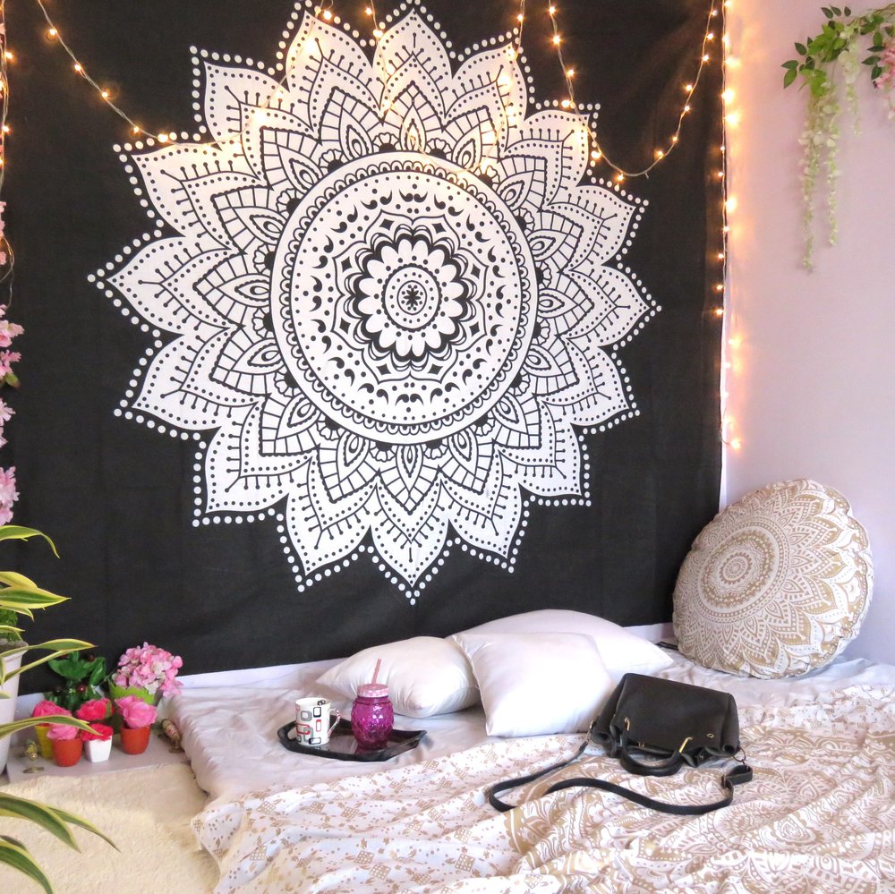 92" X 84" Black And White Mandala Cotton Hanging Tapestry