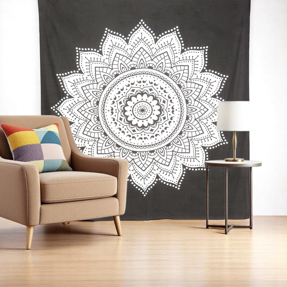 92" X 84" Black And White Mandala Cotton Hanging Tapestry